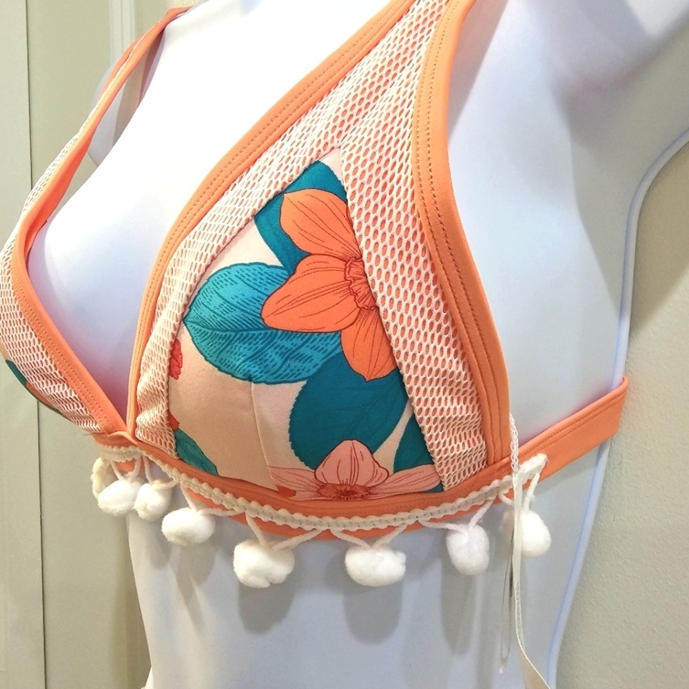 Cupshe ✦ Coral Floral Bikini Set ✦ Pom Pom Trim Adjustable Triangle Top S NWT - Picture 12 of 17